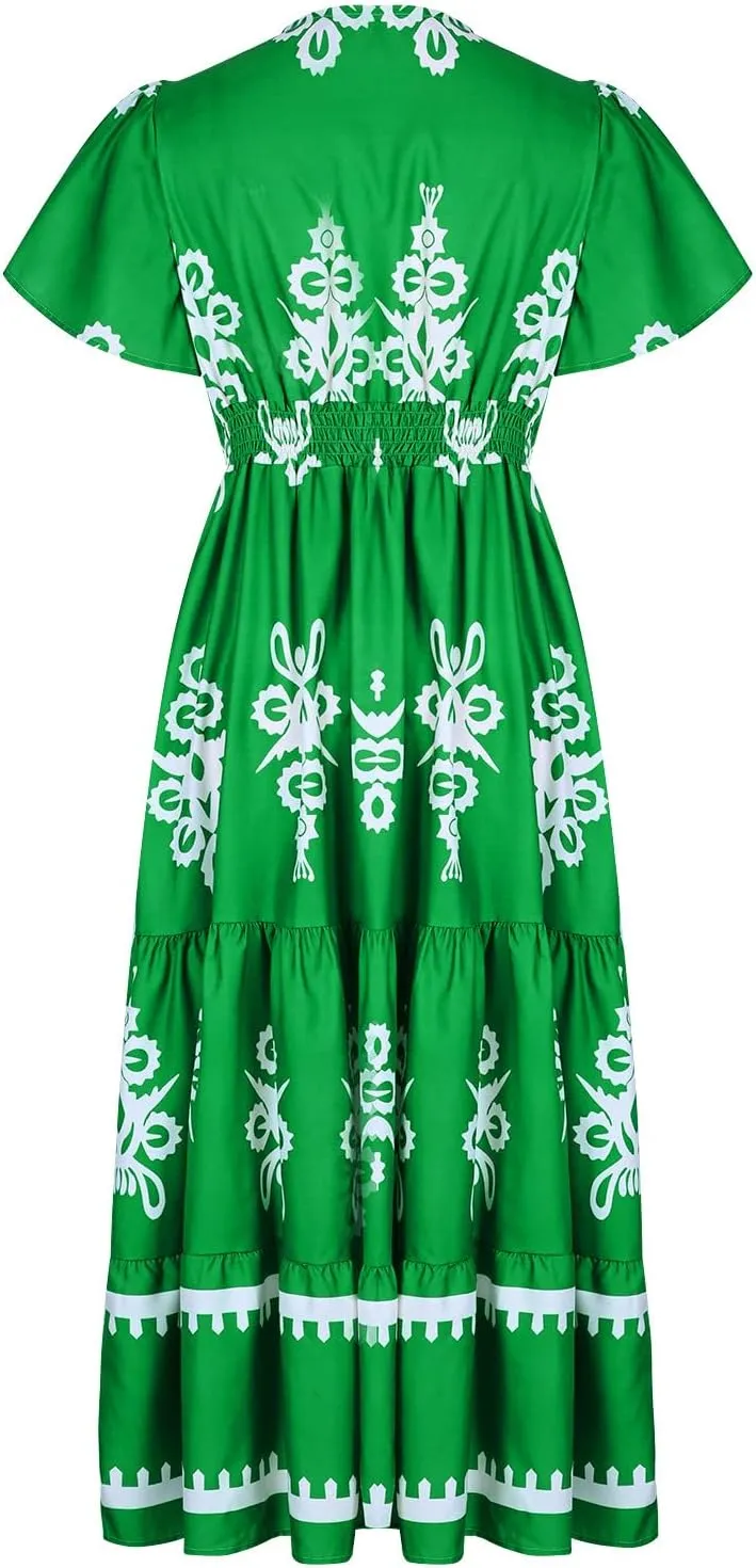 Sundresses for Women 2025 Casual Short Sleeve V-Neck Tiered Pleated Maxi Dresses Flowy Swing Floral Summer Dress