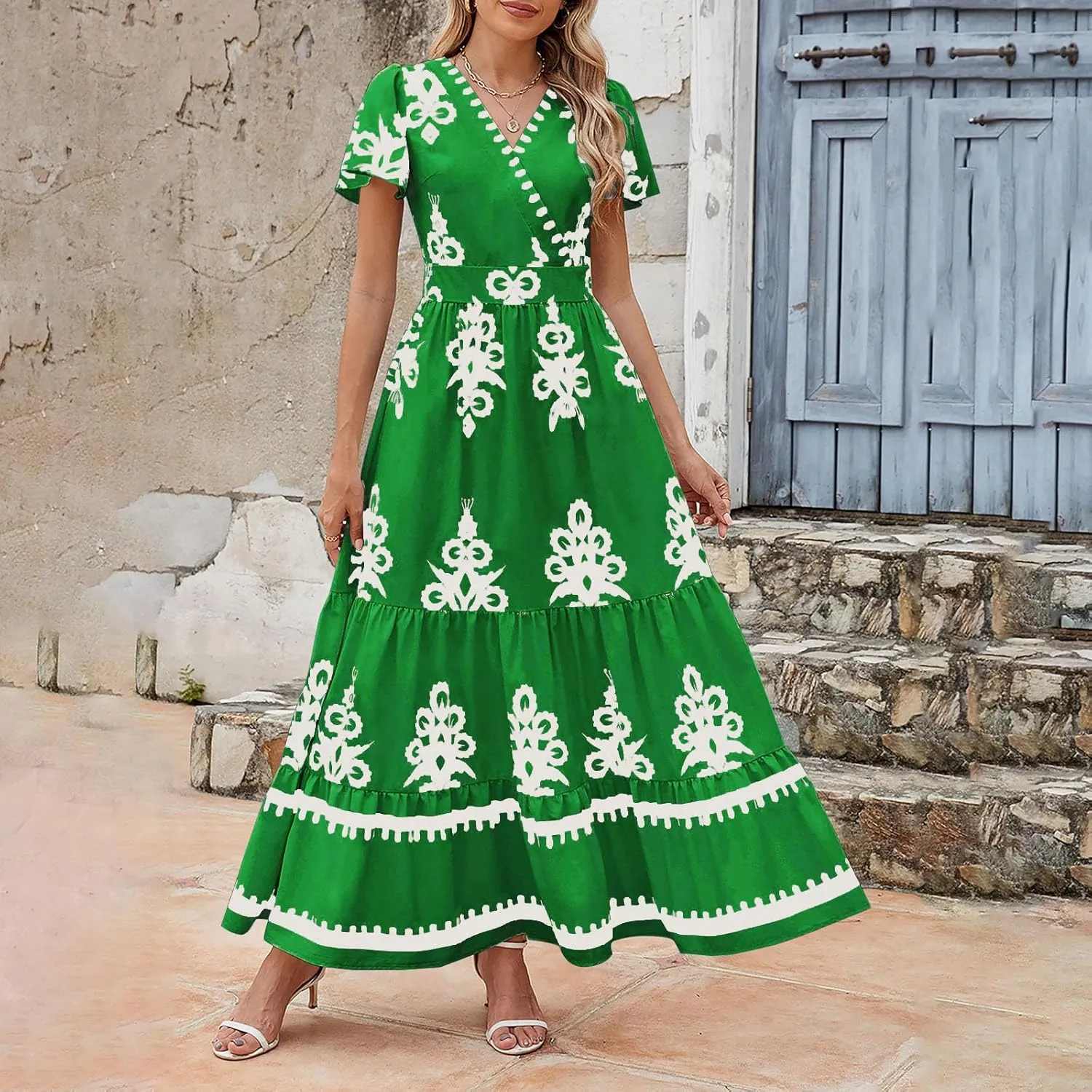 Sundresses for Women 2025 Casual Short Sleeve V-Neck Tiered Pleated Maxi Dresses Flowy Swing Floral Summer Dress