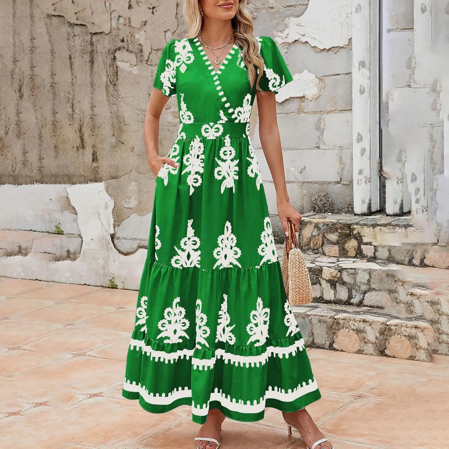 Sundresses for Women 2025 Casual Short Sleeve V-Neck Tiered Pleated Maxi Dresses Flowy Swing Floral Summer Dress