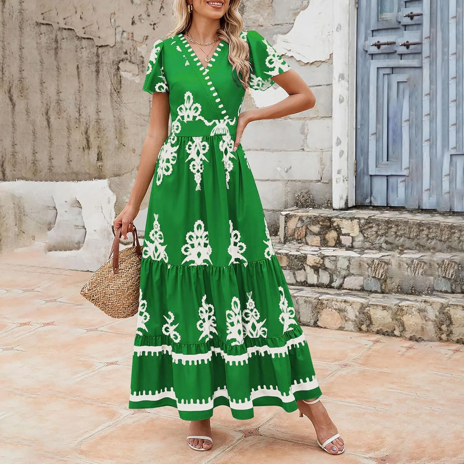 Sundresses for Women 2025 Casual Short Sleeve V-Neck Tiered Pleated Maxi Dresses Flowy Swing Floral Summer Dress