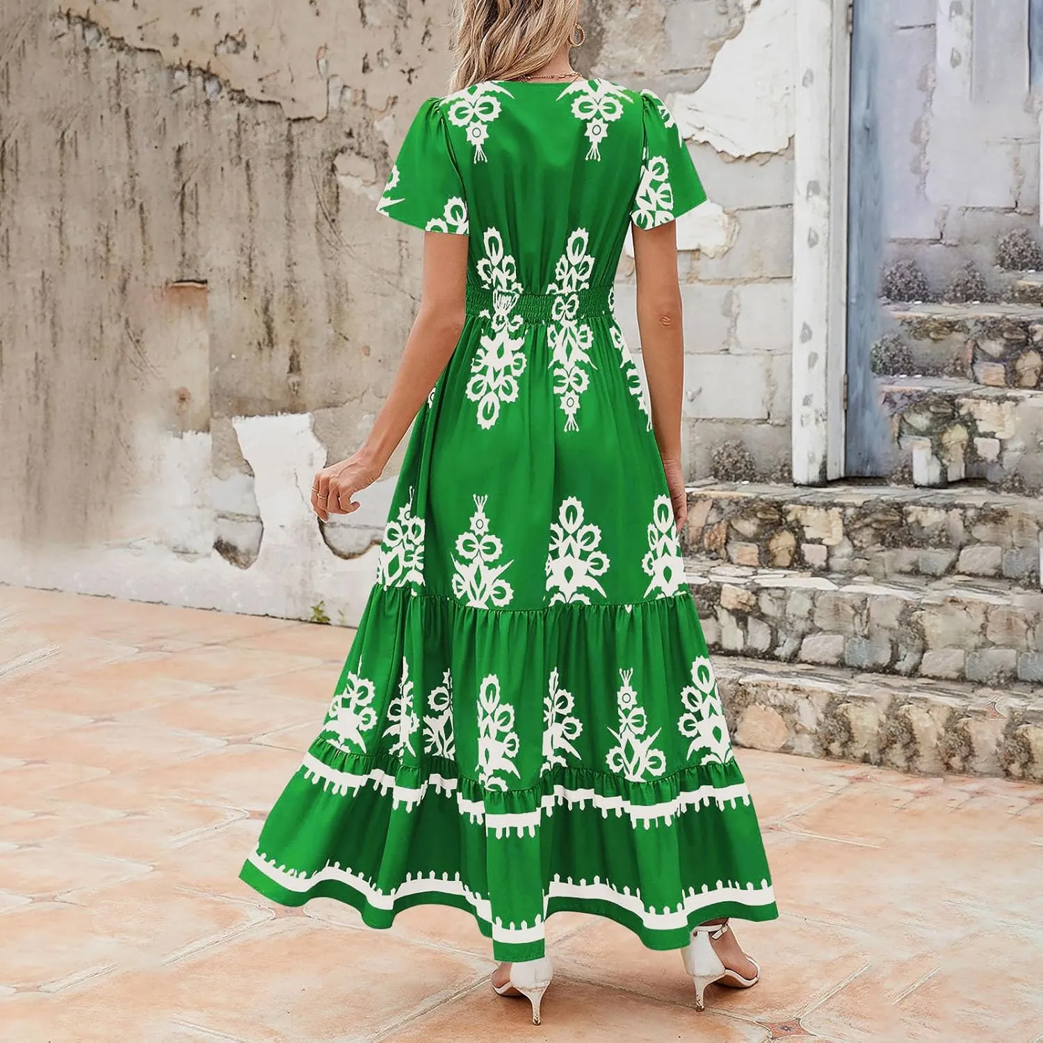 Sundresses for Women 2025 Casual Short Sleeve V-Neck Tiered Pleated Maxi Dresses Flowy Swing Floral Summer Dress
