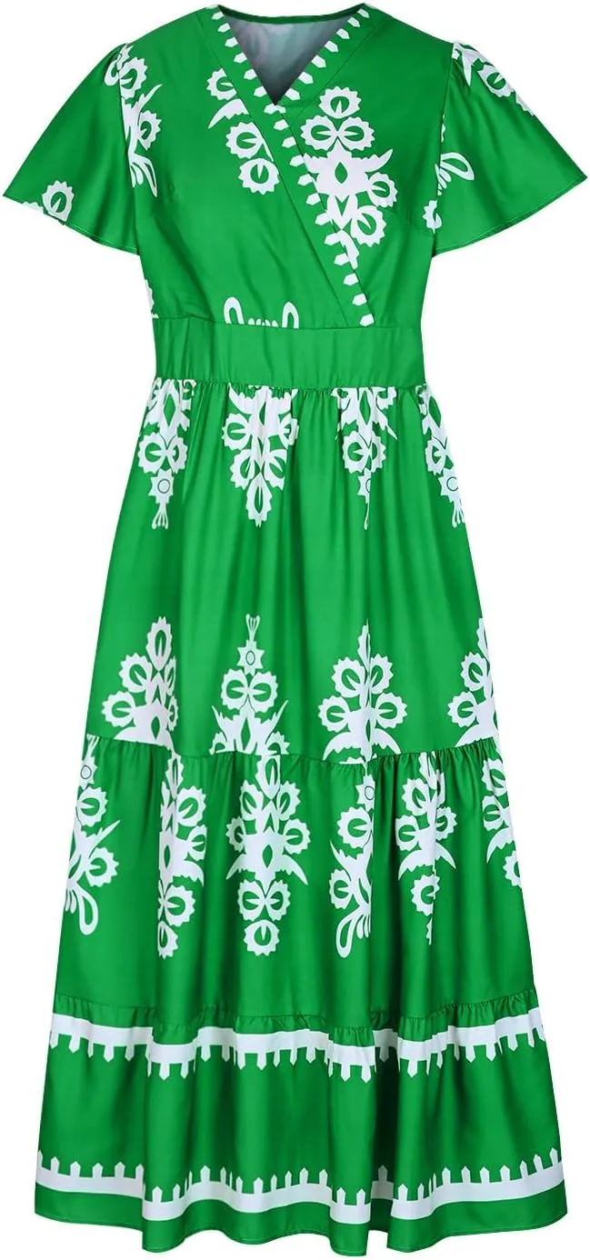 Sundresses for Women 2025 Casual Short Sleeve V-Neck Tiered Pleated Maxi Dresses Flowy Swing Floral Summer Dress