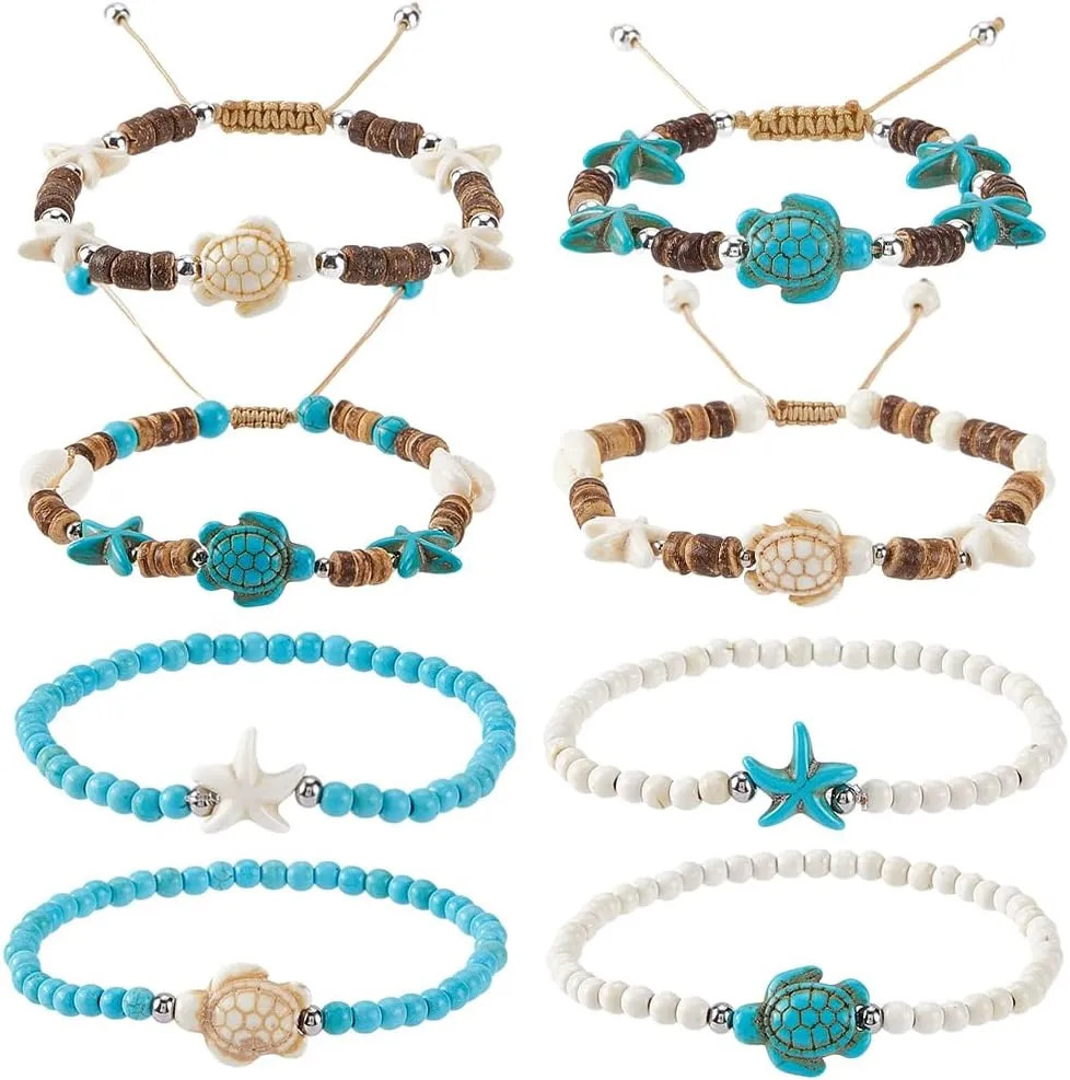 SUNNYCLUE 1 Box 8pcs 5 Styles Starfish Bracelets for Women Beach Bracelets Adjustable Retro Vintage Summer Wooden Synthetic Turquoise Anklet Multi Layered Jewelry String Set Christmas Wedding Gifts