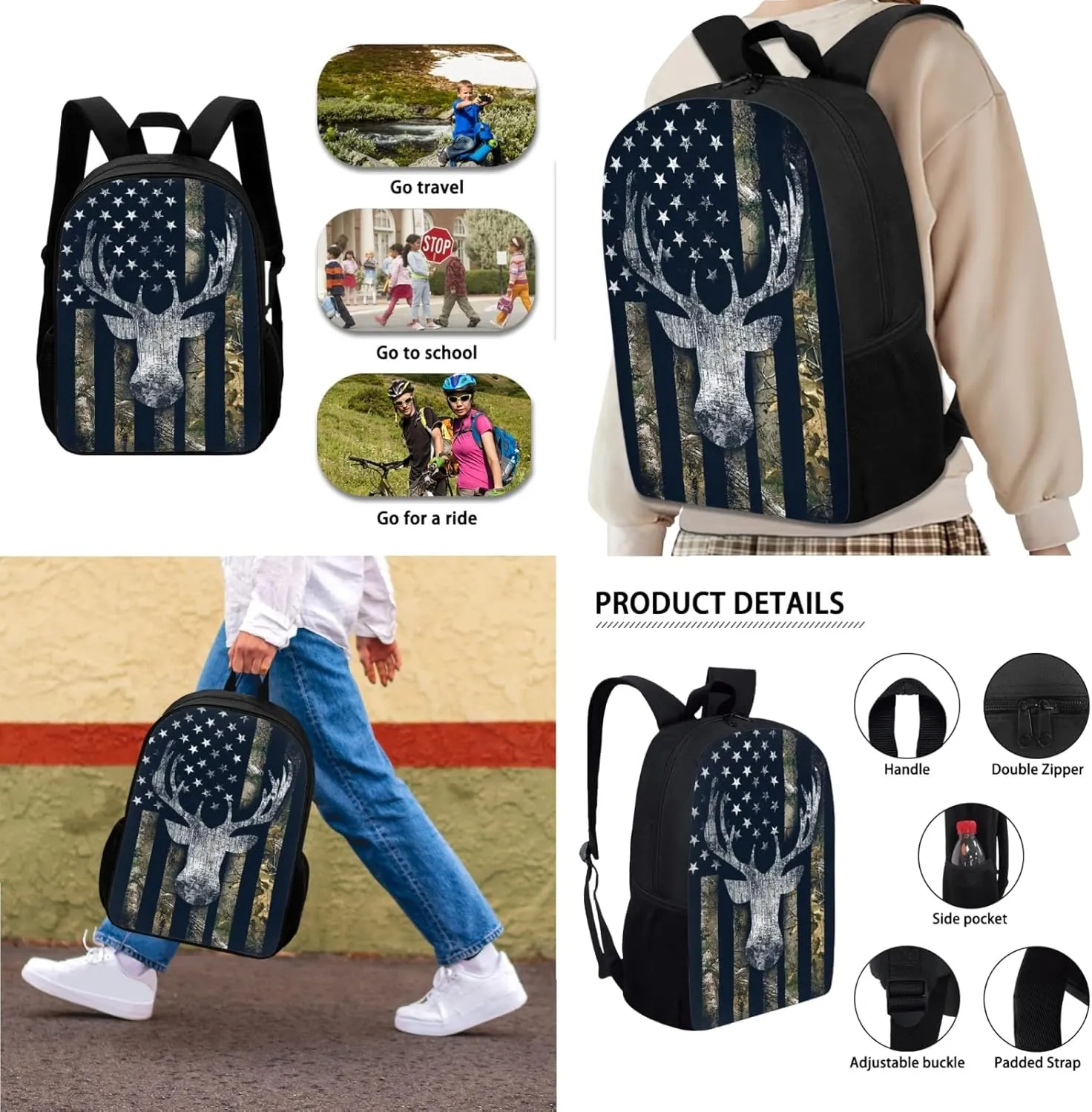 Suobstales Deer Camo Backpack Set for Boys 17inch Bookbags Shoulder Lunch Bag and Pen Case Bag Cool High Students School Bag Packs Satchel Laptop Bags Camouflage American Flag Hunting Design Black