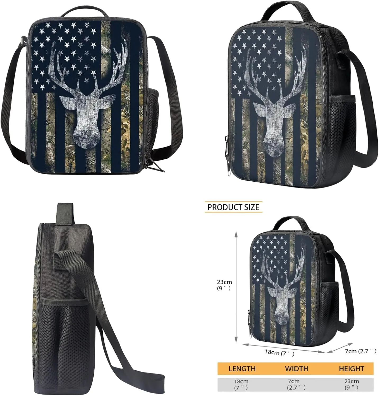 Suobstales Deer Camo Backpack Set for Boys 17inch Bookbags Shoulder Lunch Bag and Pen Case Bag Cool High Students School Bag Packs Satchel Laptop Bags Camouflage American Flag Hunting Design Black