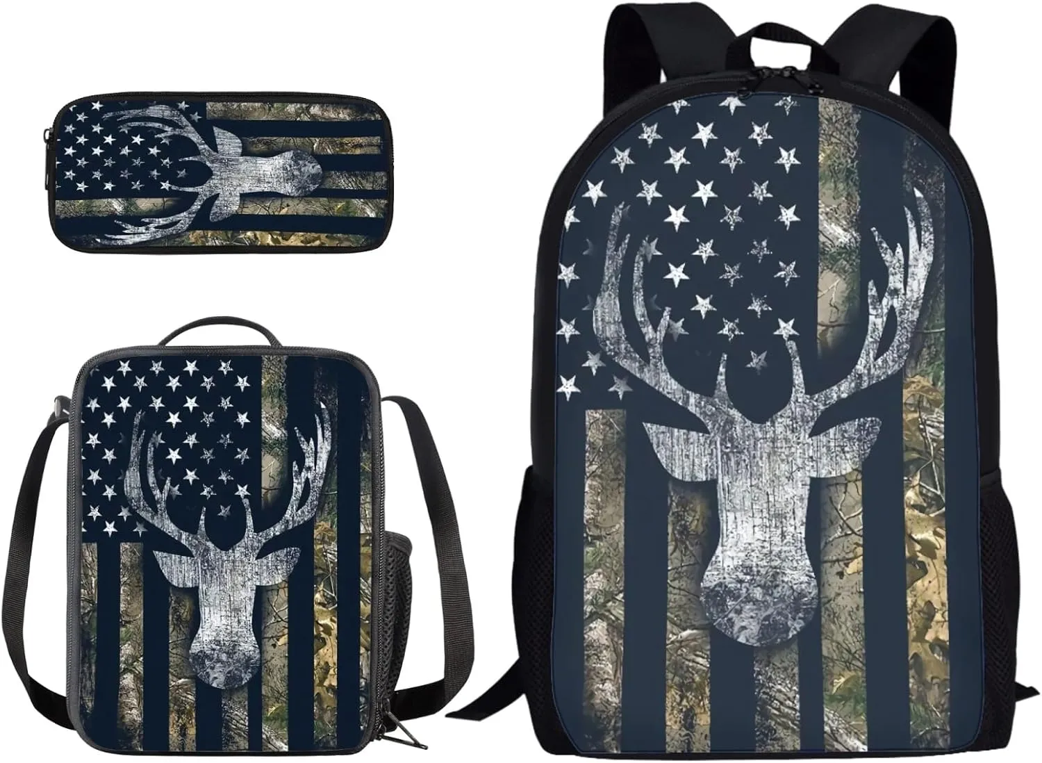Suobstales Deer Camo Backpack Set for Boys 17inch Bookbags Shoulder Lunch Bag and Pen Case Bag Cool High Students School Bag Packs Satchel Laptop Bags Camouflage American Flag Hunting Design Black