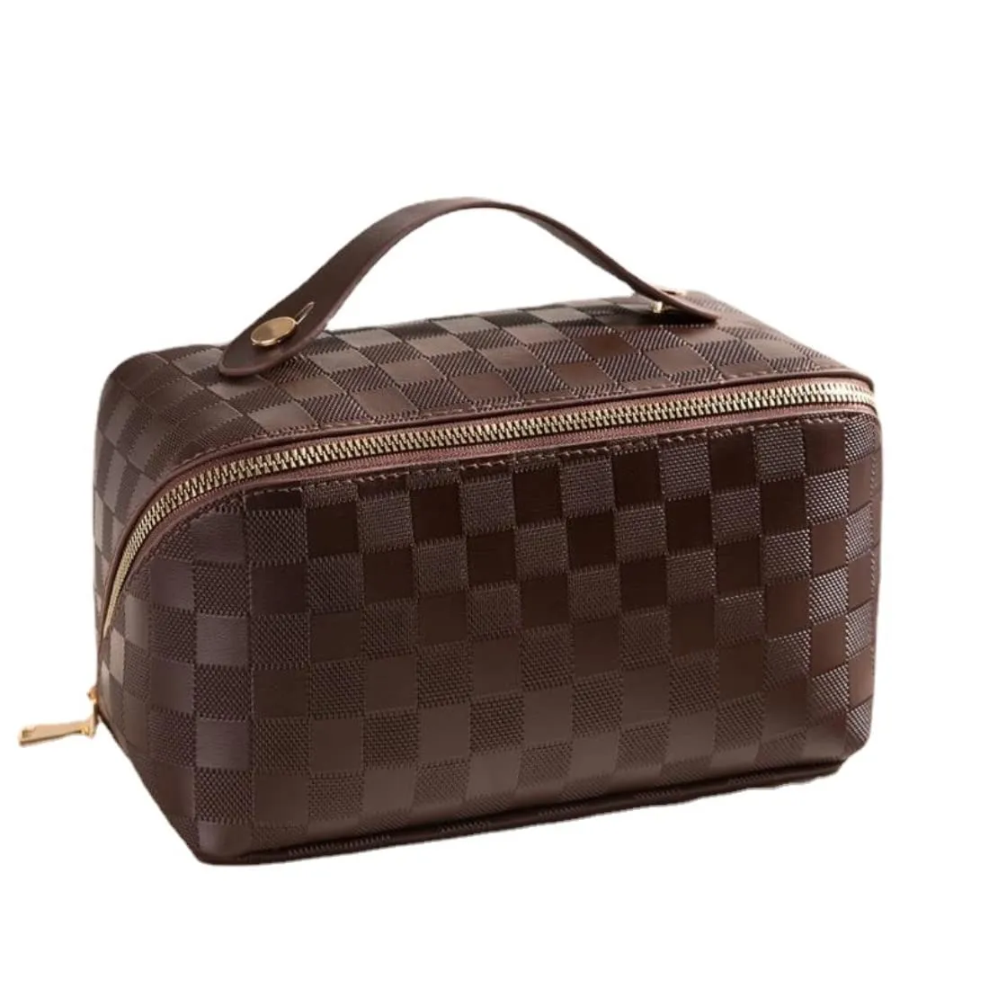 SURURA Large Capacity Cosmetic Bag Portable Leather Travel Makeup Pouch Women Multifunction Waterproof Bathroom Washbag Toiletry (Brown)