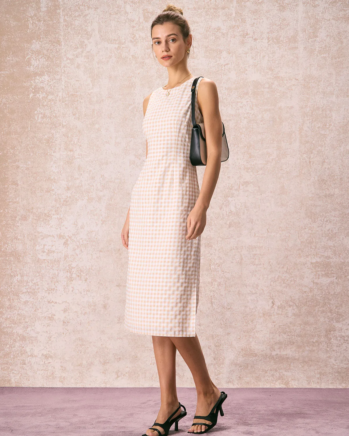 The Beige Round Neck Plaid Slit Midi Dress