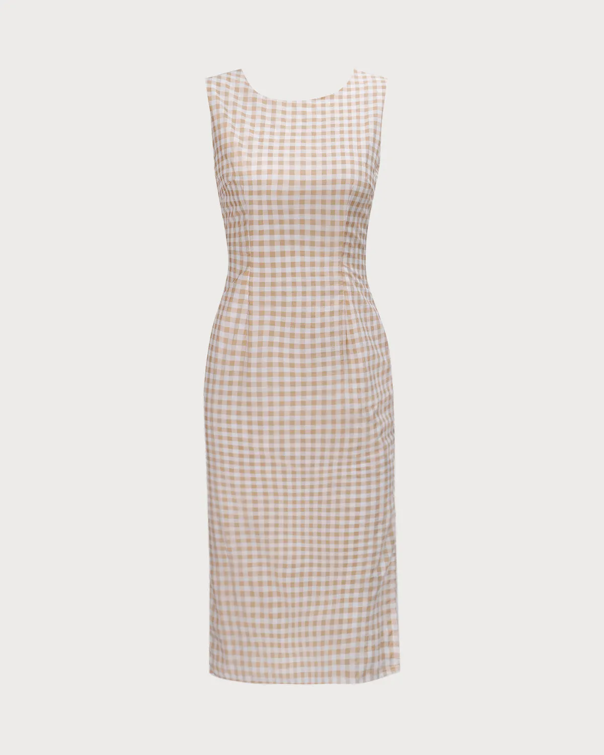 The Beige Round Neck Plaid Slit Midi Dress