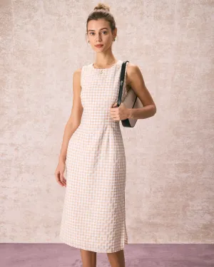 The Beige Round Neck Plaid Slit Midi Dress