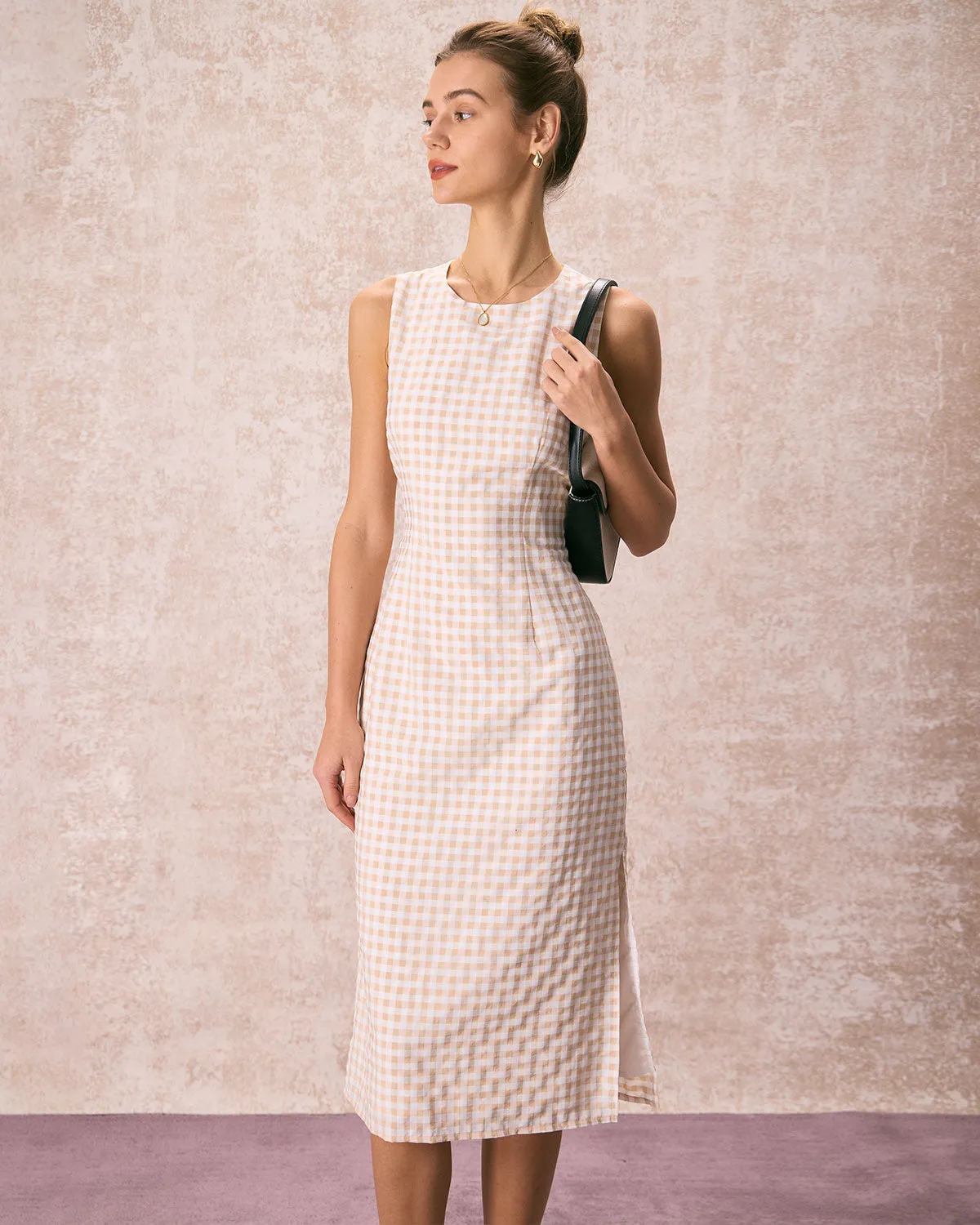 The Beige Round Neck Plaid Slit Midi Dress