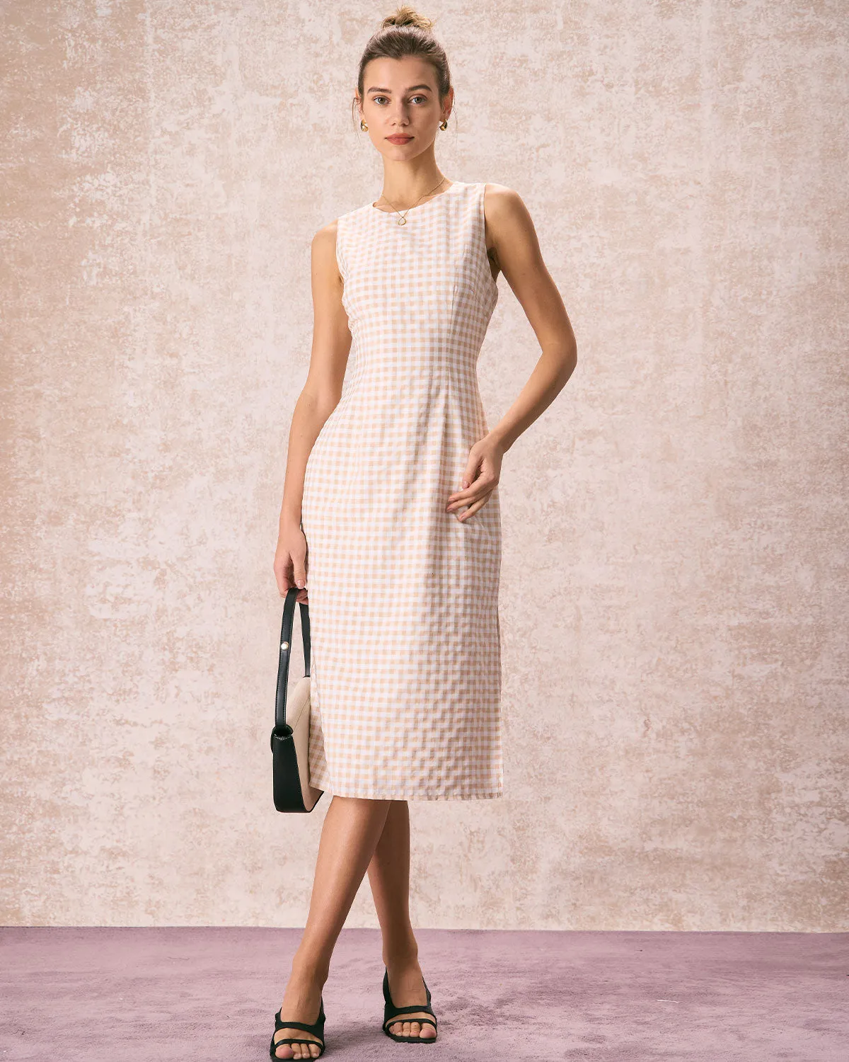 The Beige Round Neck Plaid Slit Midi Dress