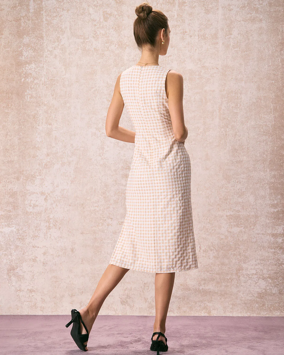 The Beige Round Neck Plaid Slit Midi Dress