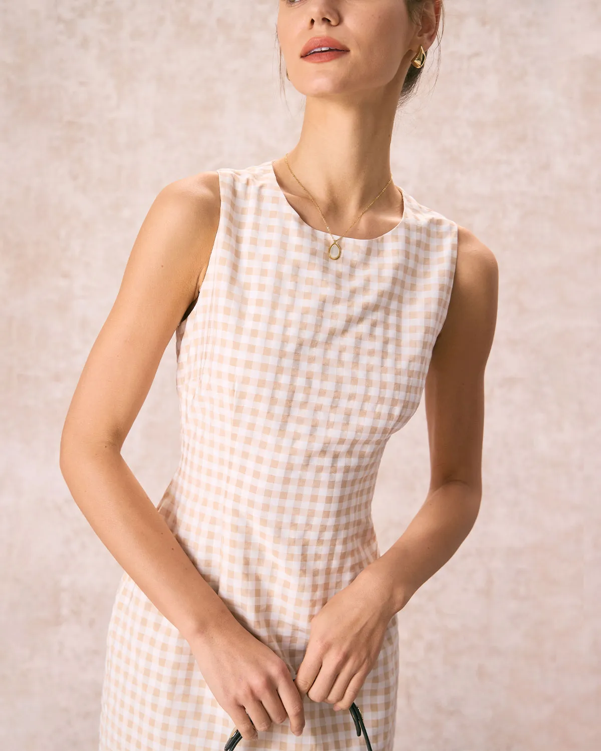 The Beige Round Neck Plaid Slit Midi Dress