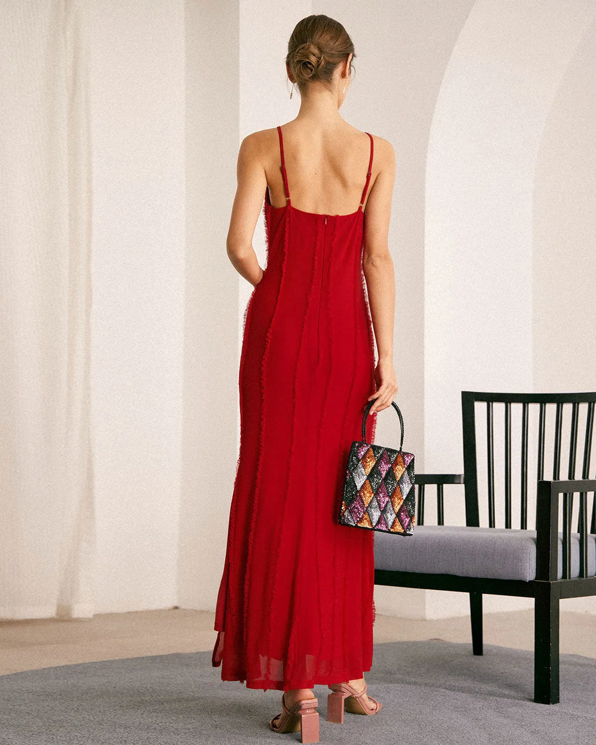 The Red Sweetheart Neck Ruffle Slip Maxi Dress