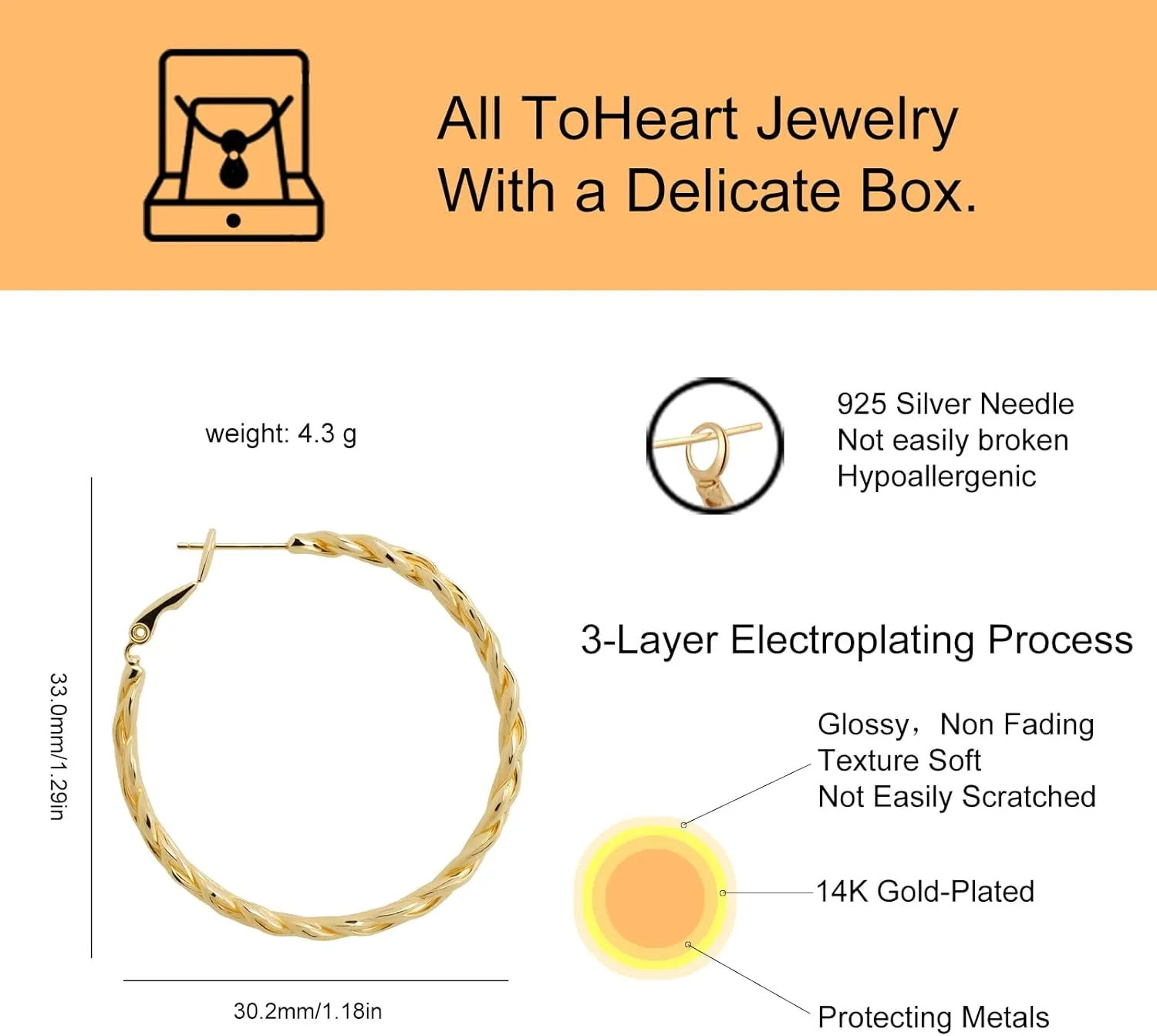 ToHeart 14k Gold Hoop Earrings for Womens Hoop Earrings Gold Plated