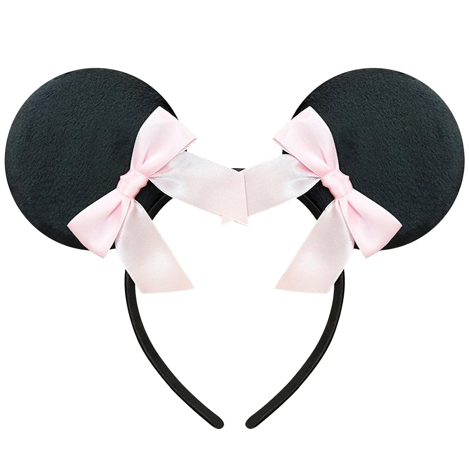 Trnerm Pink Ribbons Mouse Ears Headband for Women Cute Mouse Ears Coquette Fuzzy Black Mouse Headband