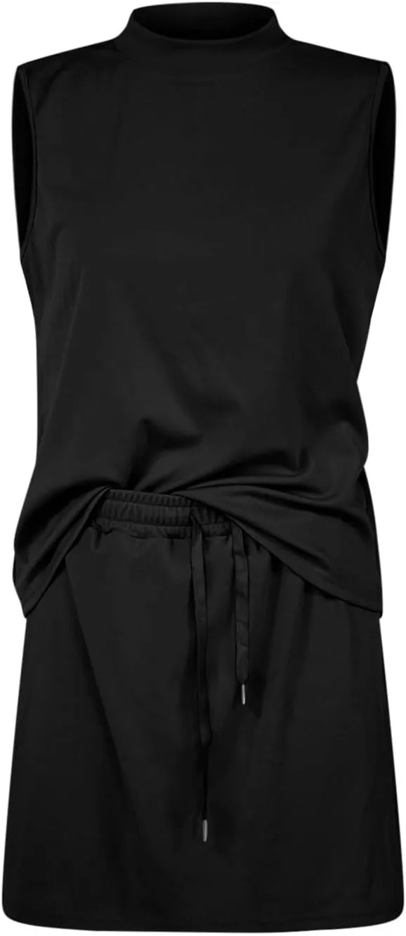 Two Piece Skirt Set for Women Sweatsuits Tennis Outfits Trendy Casual Mock Neck Sleeveless Top Elastic Short Skorts