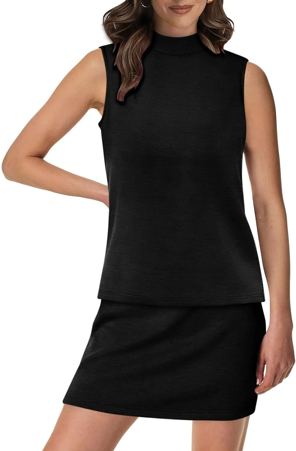 Two Piece Skirt Set for Women Sweatsuits Tennis Outfits Trendy Casual Mock Neck Sleeveless Top Elastic Short Skorts