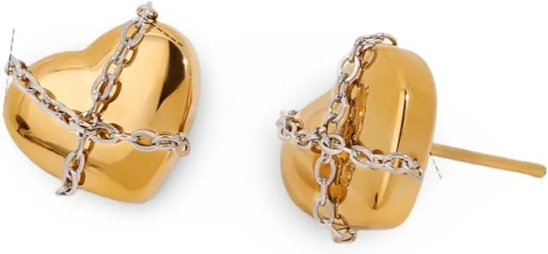 Unisex Punk Minimalist Stainless Steel Heart Stud Earrings with Contrast Chain Wrap - JDEW2411016-PS