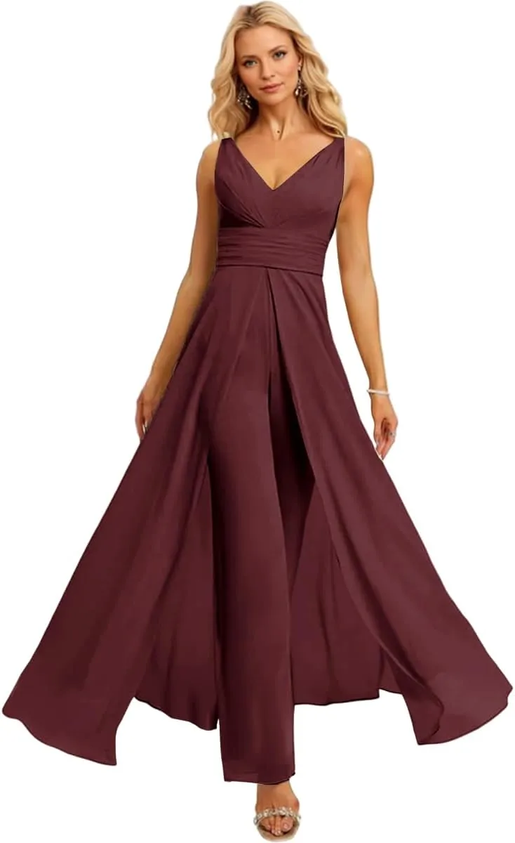 V Neck Chiffon Bridesmaid Jumpsuits with Slit Ruched Wedding Guest Pantsuits
