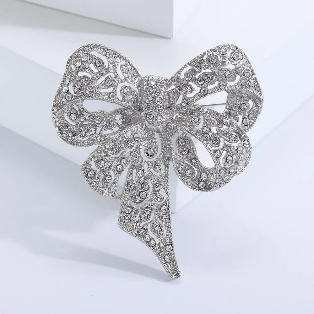 Vintage Big Bow Knot Rhinestones Sparkly Brooches Lapel Pin Ribbon Brooch Classic for Women Girls Dainty Dresses Suit Shirt Clothes Accessories