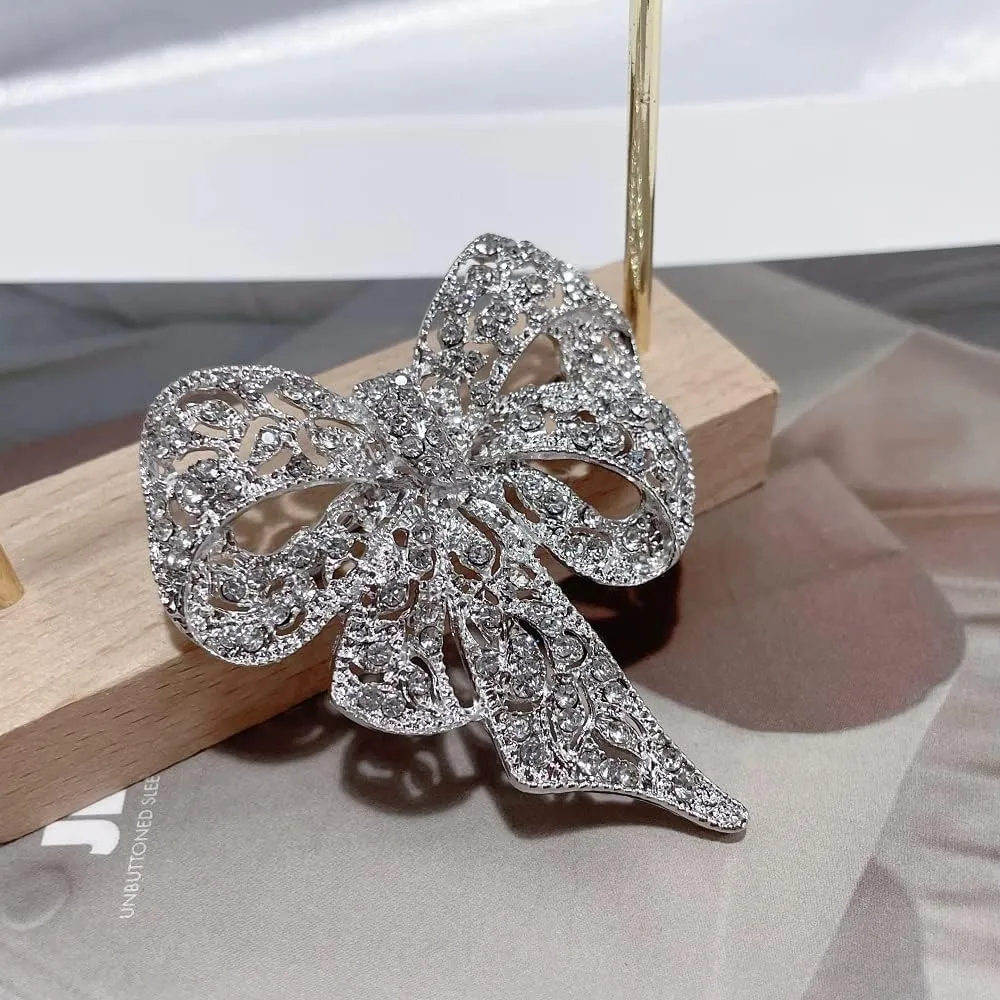 Vintage Big Bow Knot Rhinestones Sparkly Brooches Lapel Pin Ribbon Brooch Classic for Women Girls Dainty Dresses Suit Shirt Clothes Accessories