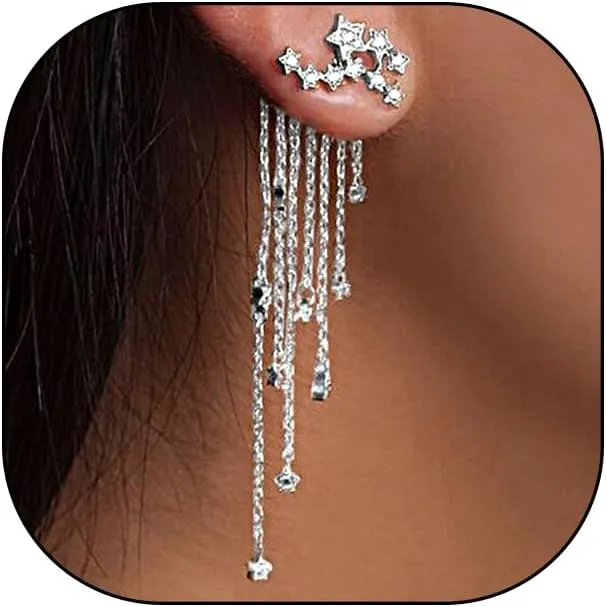 Vintage Bridal Rhinestones Star Drop Earrings for Women Long Tassels Pentagram Dangle Earrings Shiny Silver Fringe Dangling Earrings Jewelry Gifts