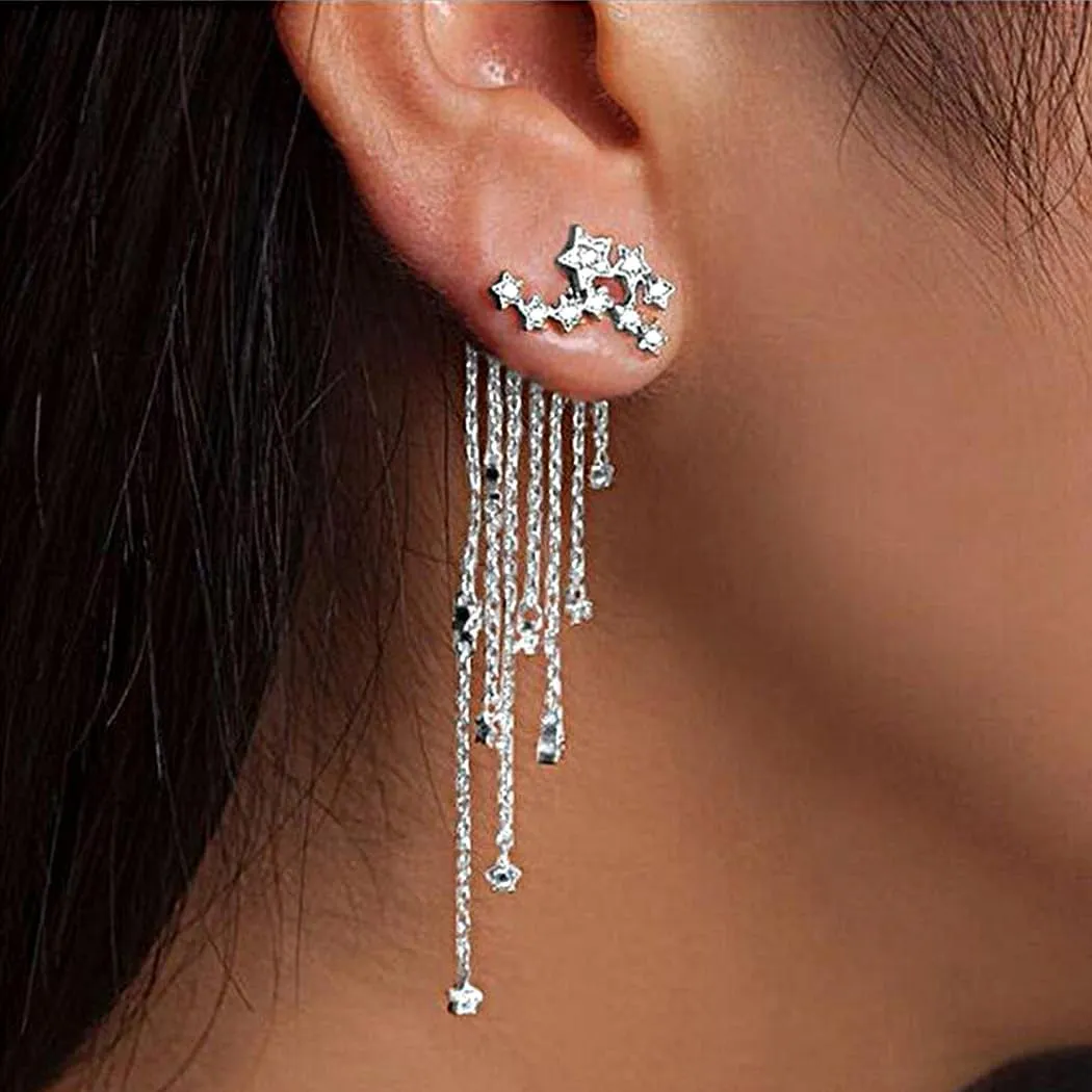 Vintage Bridal Rhinestones Star Drop Earrings for Women Long Tassels Pentagram Dangle Earrings Shiny Silver Fringe Dangling Earrings Jewelry Gifts
