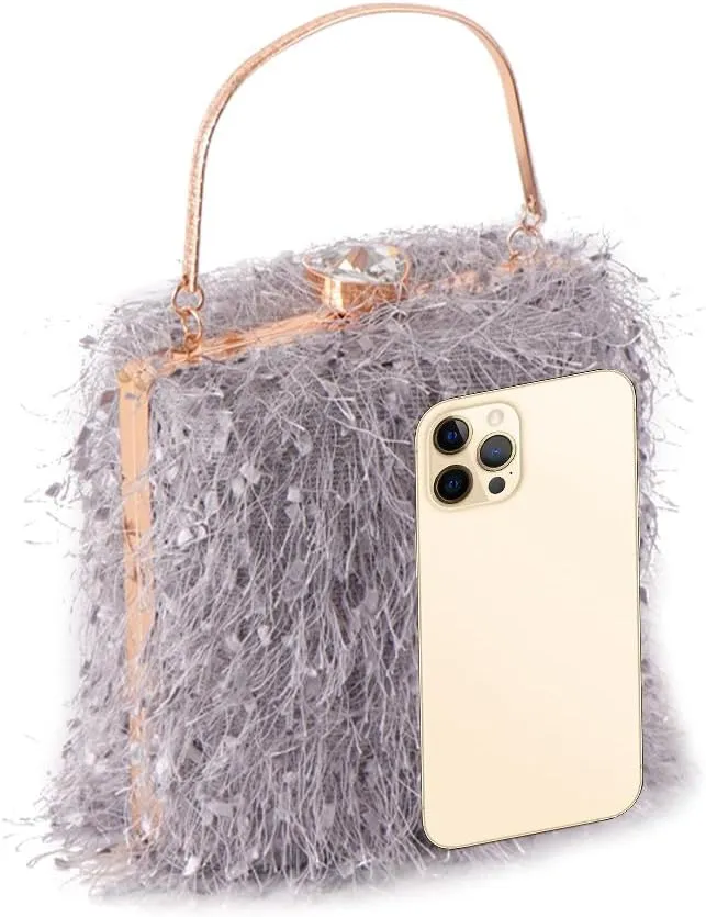 Vintage Purse Retro Suede Tote Bag Evening Bags for Women Wedding Ostrich Feather Women's Clutch Handbags Banquet Party Grey