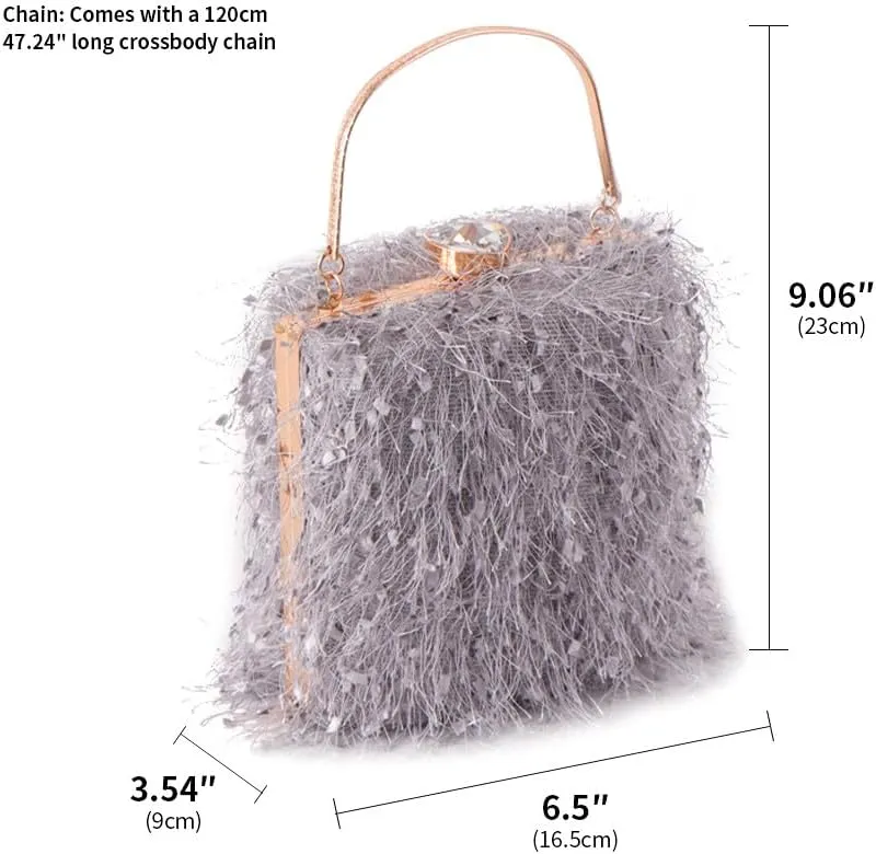 Vintage Purse Retro Suede Tote Bag Evening Bags for Women Wedding Ostrich Feather Women's Clutch Handbags Banquet Party Grey