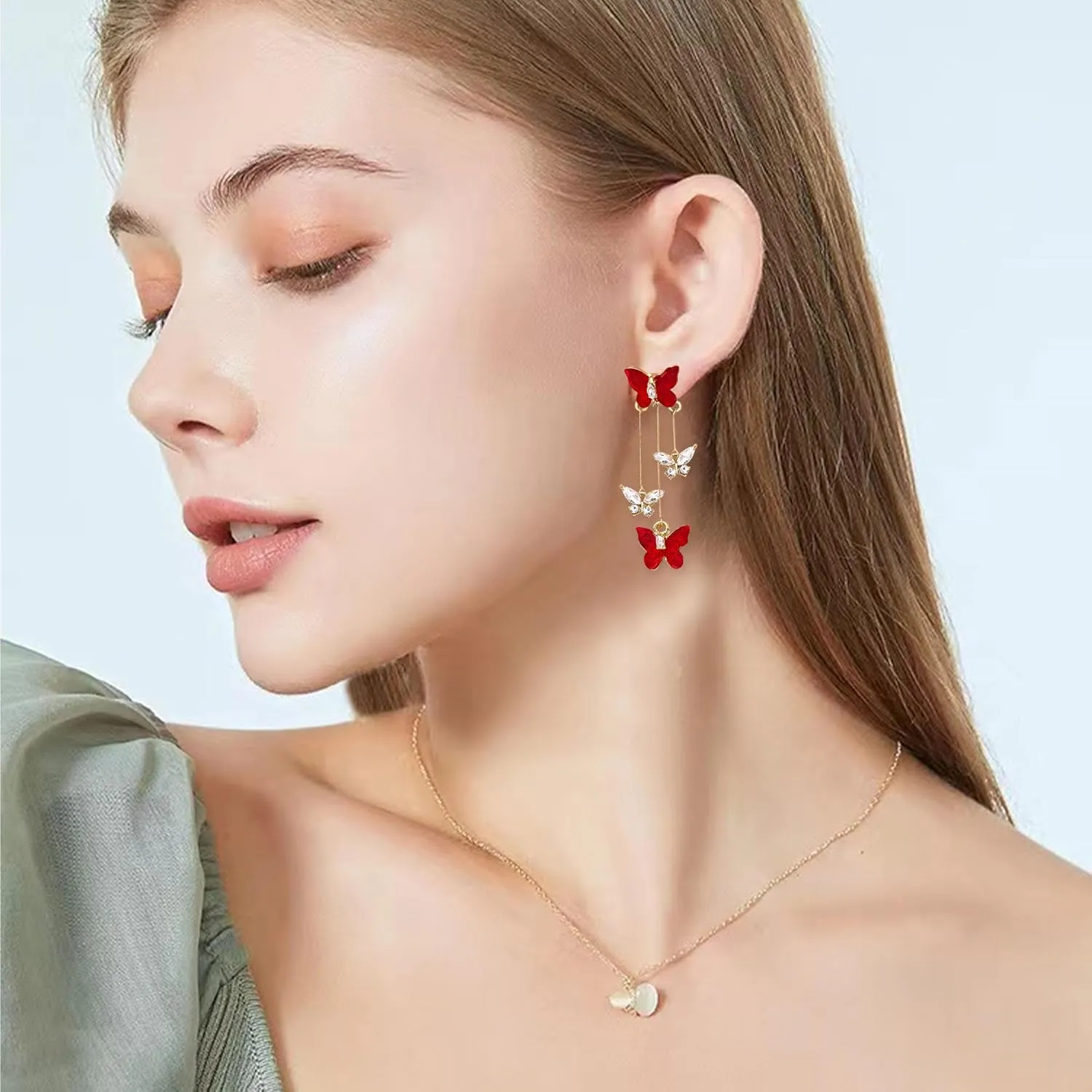Violet Butterfly Tassel Stud Earrings for Women Long Butterfly Crystal Rhinestone Drop Dangle Earrings Wedding Jewelry Gifts
