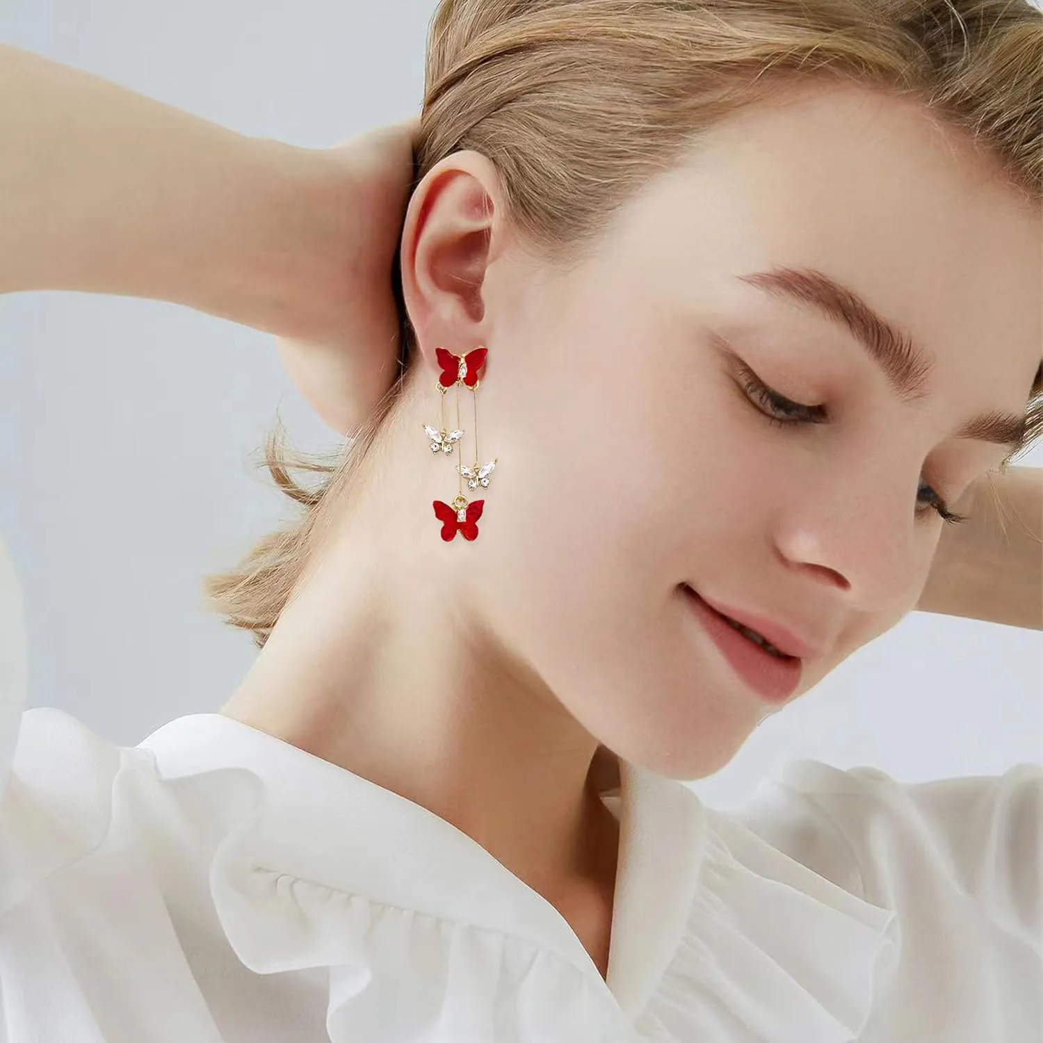 Violet Butterfly Tassel Stud Earrings for Women Long Butterfly Crystal Rhinestone Drop Dangle Earrings Wedding Jewelry Gifts