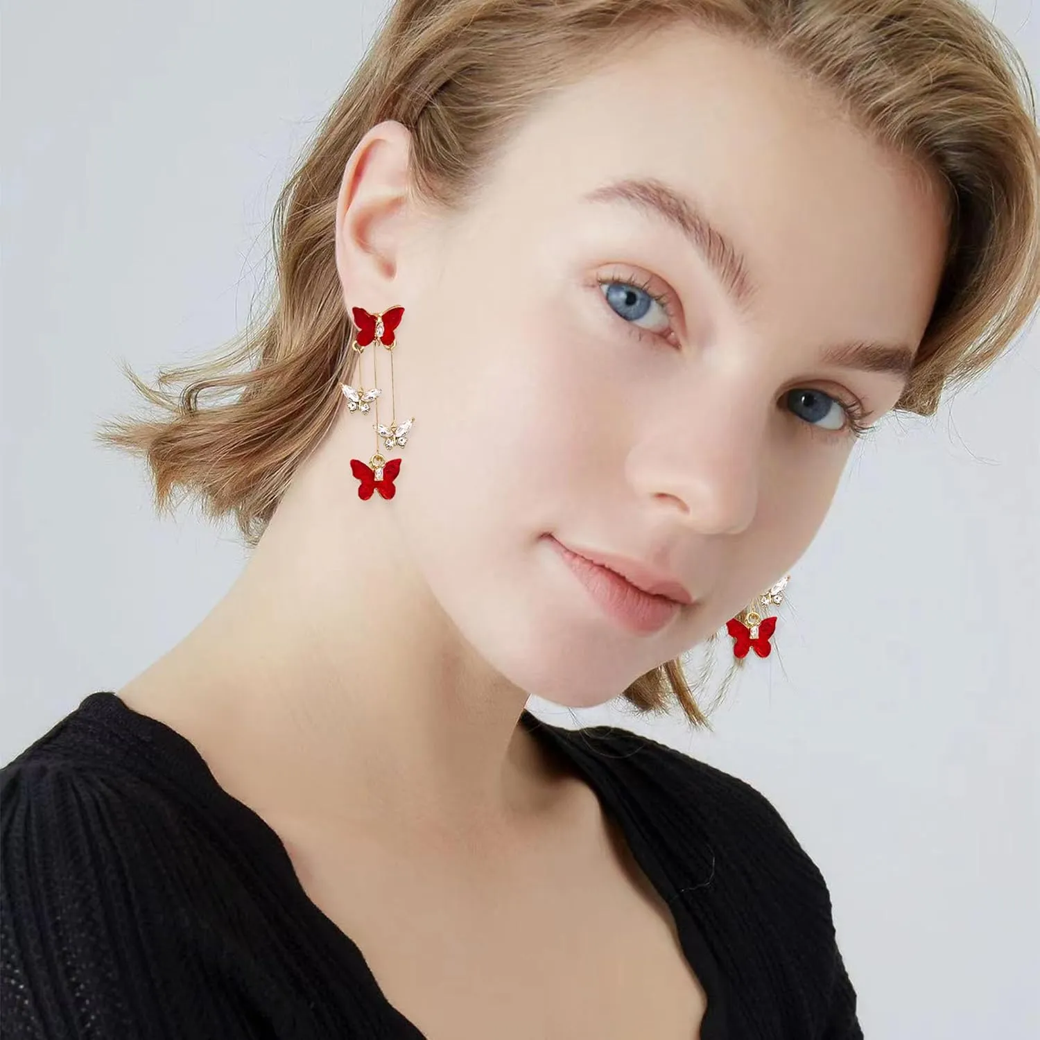 Violet Butterfly Tassel Stud Earrings for Women Long Butterfly Crystal Rhinestone Drop Dangle Earrings Wedding Jewelry Gifts