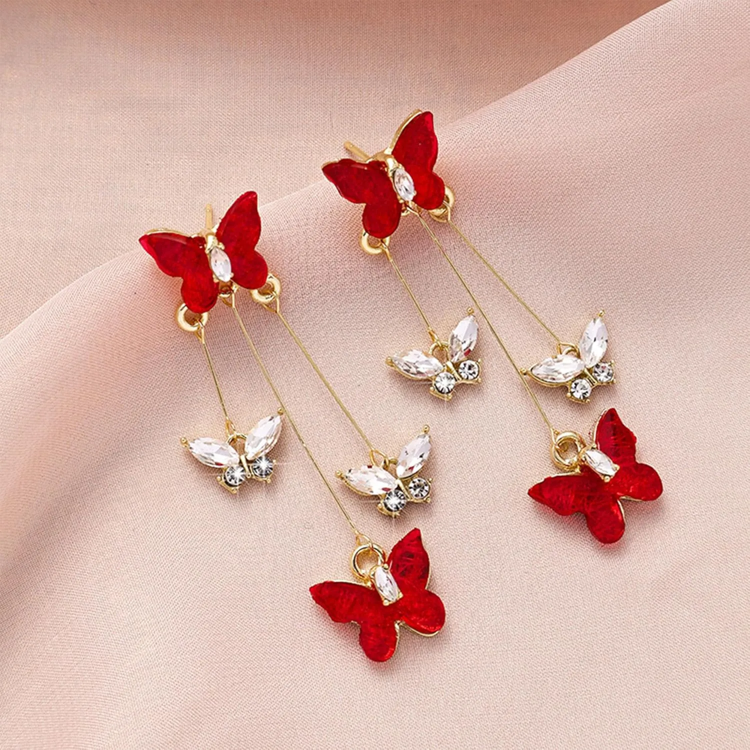 Violet Butterfly Tassel Stud Earrings for Women Long Butterfly Crystal Rhinestone Drop Dangle Earrings Wedding Jewelry Gifts