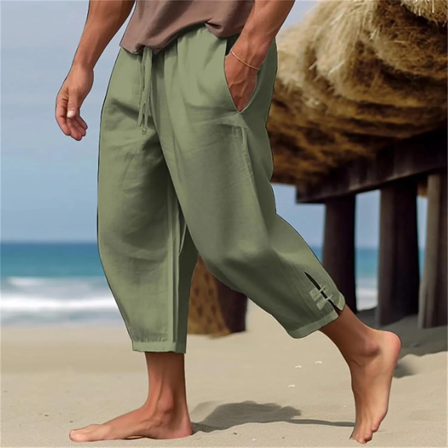Wankang Casual Cotton Linen Pants for Men Drawstring Loose Long Pants Summer Lightweight Beach Yoga Harem Pants with Pockets