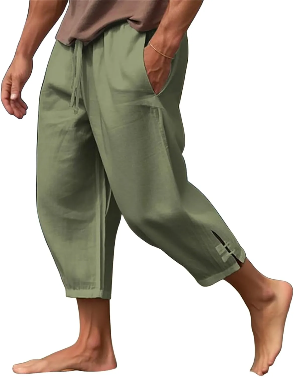 Wankang Casual Cotton Linen Pants for Men Drawstring Loose Long Pants Summer Lightweight Beach Yoga Harem Pants with Pockets