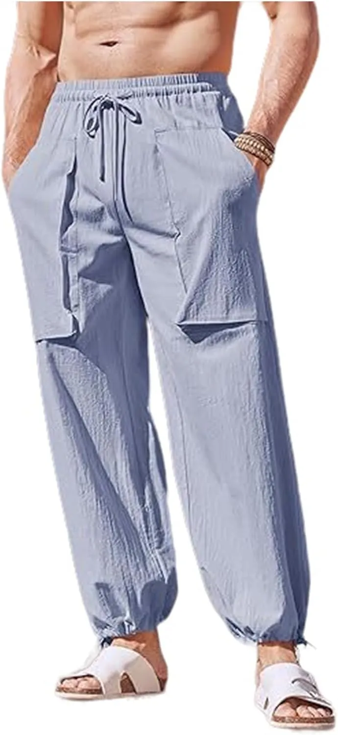 Wankang Men's Cotton Linen Pants Causal Lightweight Harem Pants Elastic Waist Drawstring Beach Boho Yoga Trousers for Men
