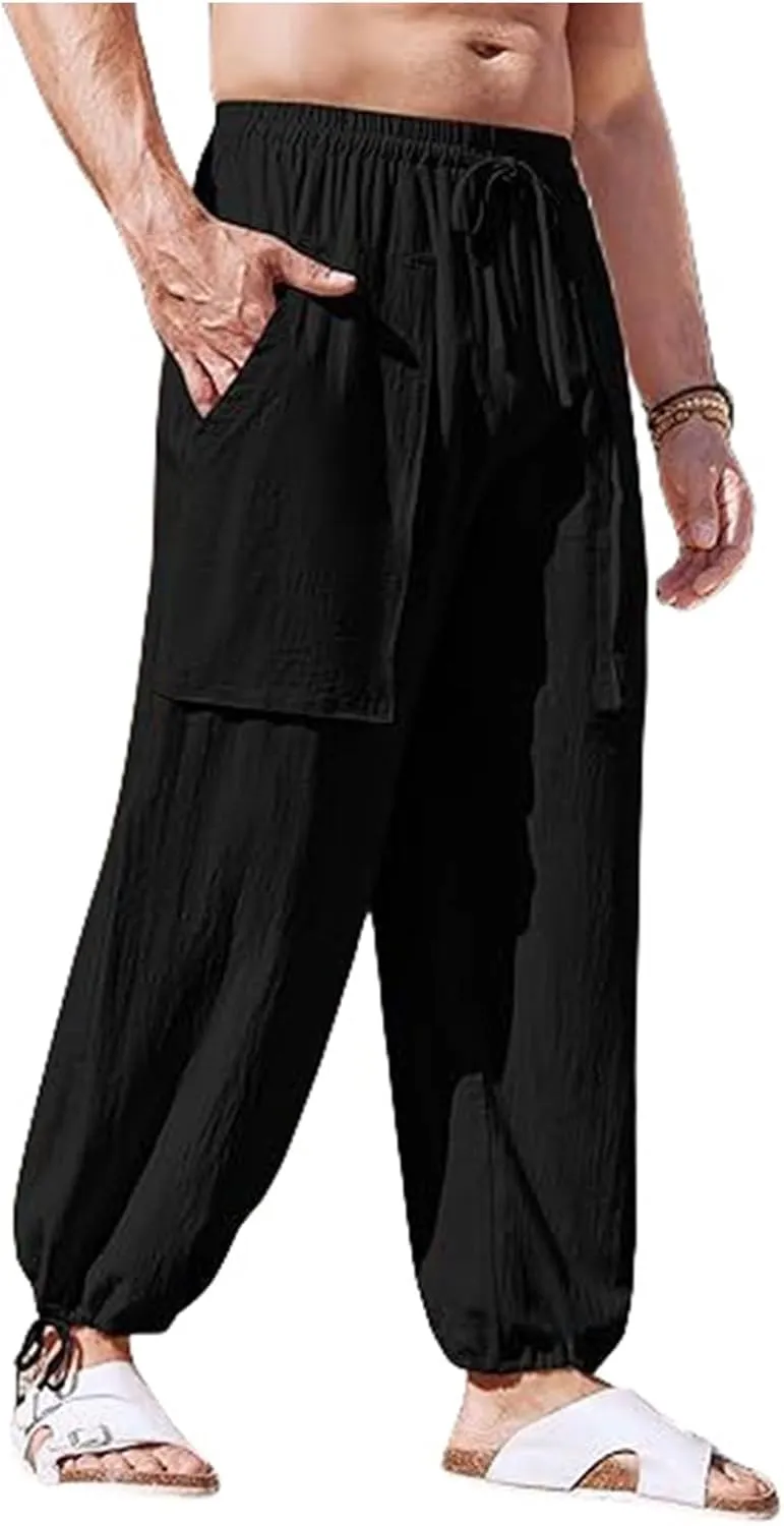 Wankang Men's Cotton Linen Pants Causal Lightweight Harem Pants Elastic Waist Drawstring Beach Boho Yoga Trousers for Men