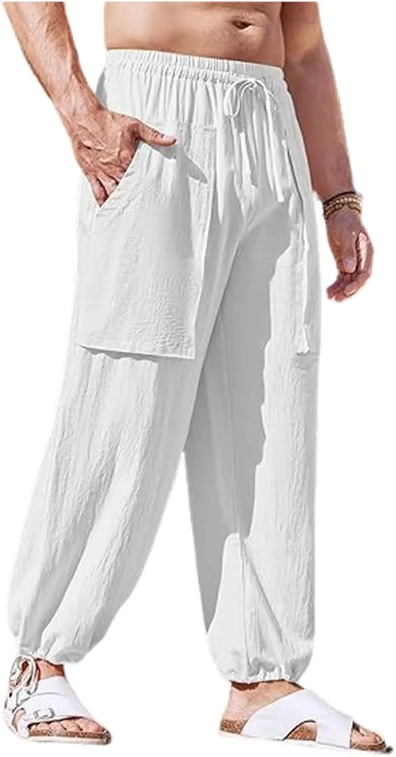 Wankang Men's Cotton Linen Pants Causal Lightweight Harem Pants Elastic Waist Drawstring Beach Boho Yoga Trousers for Men