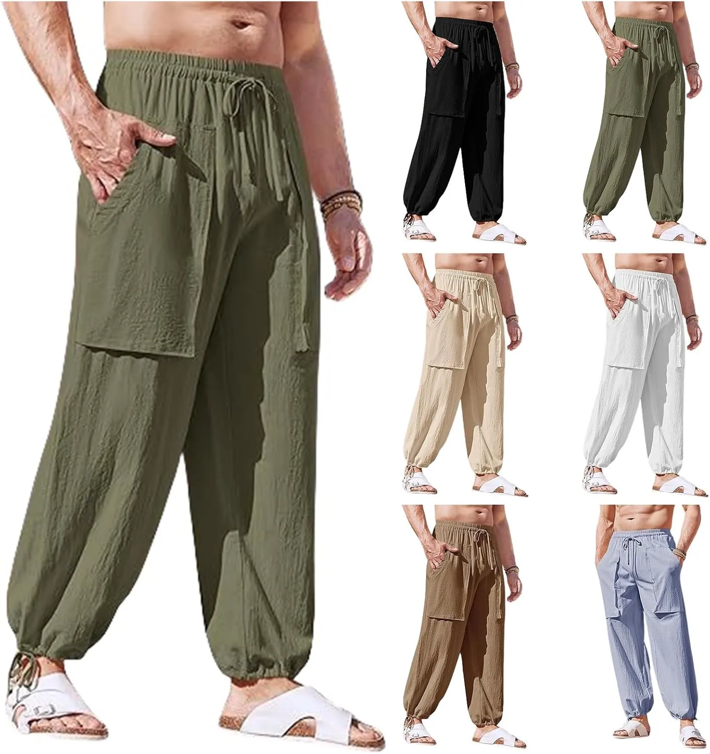 Wankang Men's Cotton Linen Pants Causal Lightweight Harem Pants Elastic Waist Drawstring Beach Boho Yoga Trousers for Men