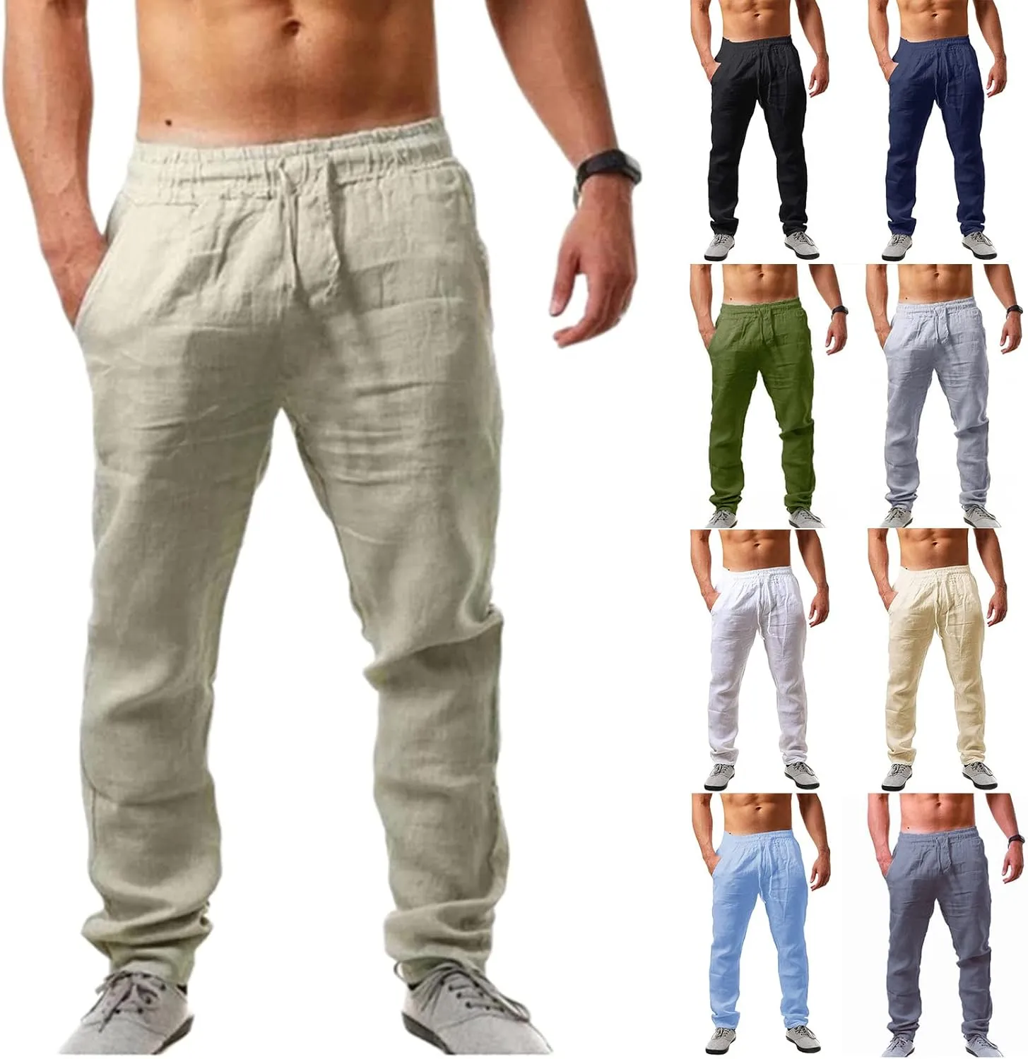 Wankang Men's Cotton Linen Pants Summer Beach Yoga Pants with Drawstring Casual Loose Lightweight Long Pants Trousers for Men