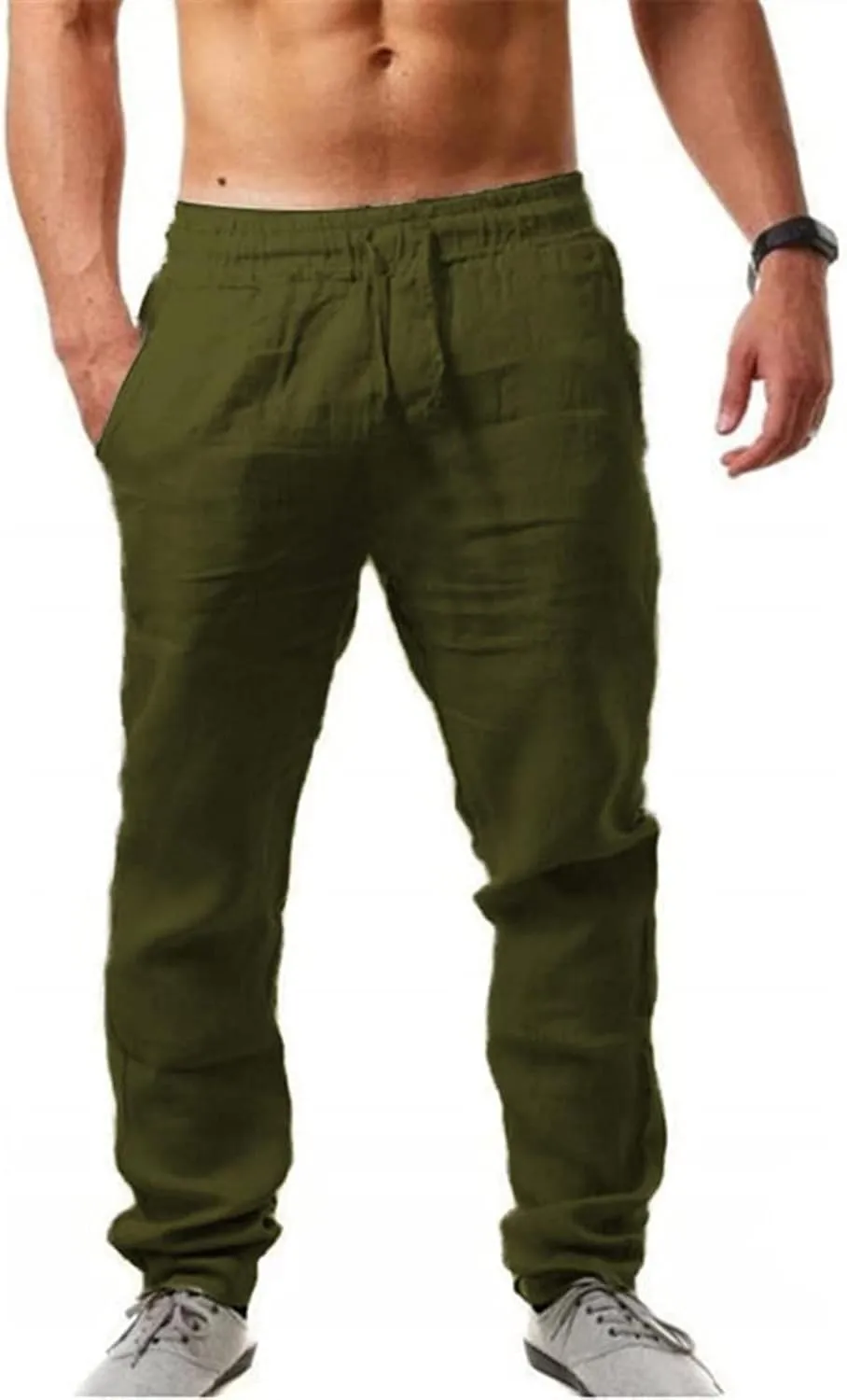Wankang Men's Cotton Linen Pants Summer Beach Yoga Pants with Drawstring Casual Loose Lightweight Long Pants Trousers for Men