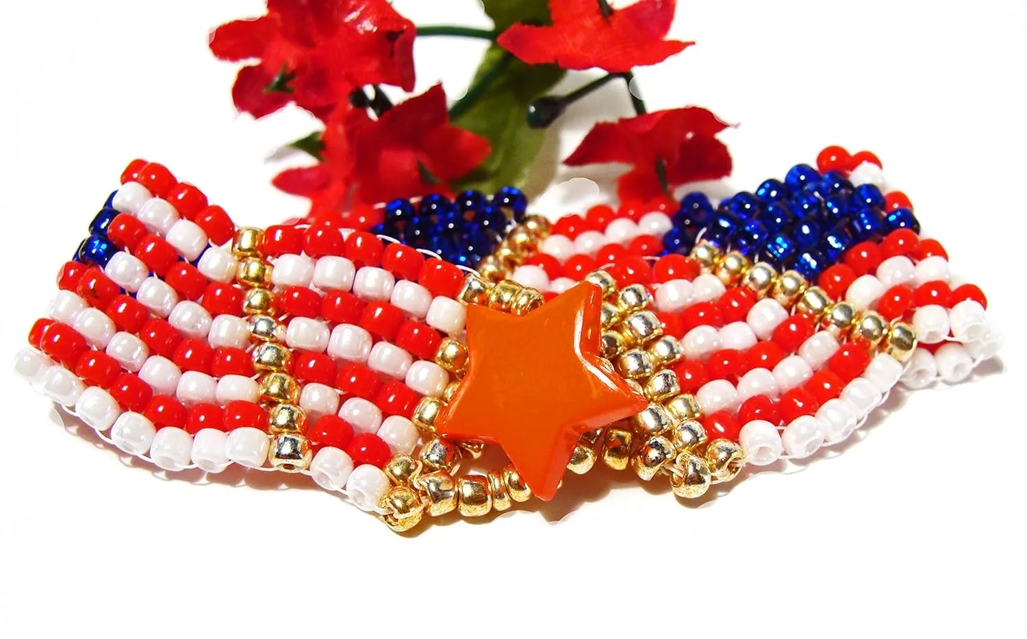 Waving Handmade Beaded Red, White and Blue Flag Bracelet with Gold Accents