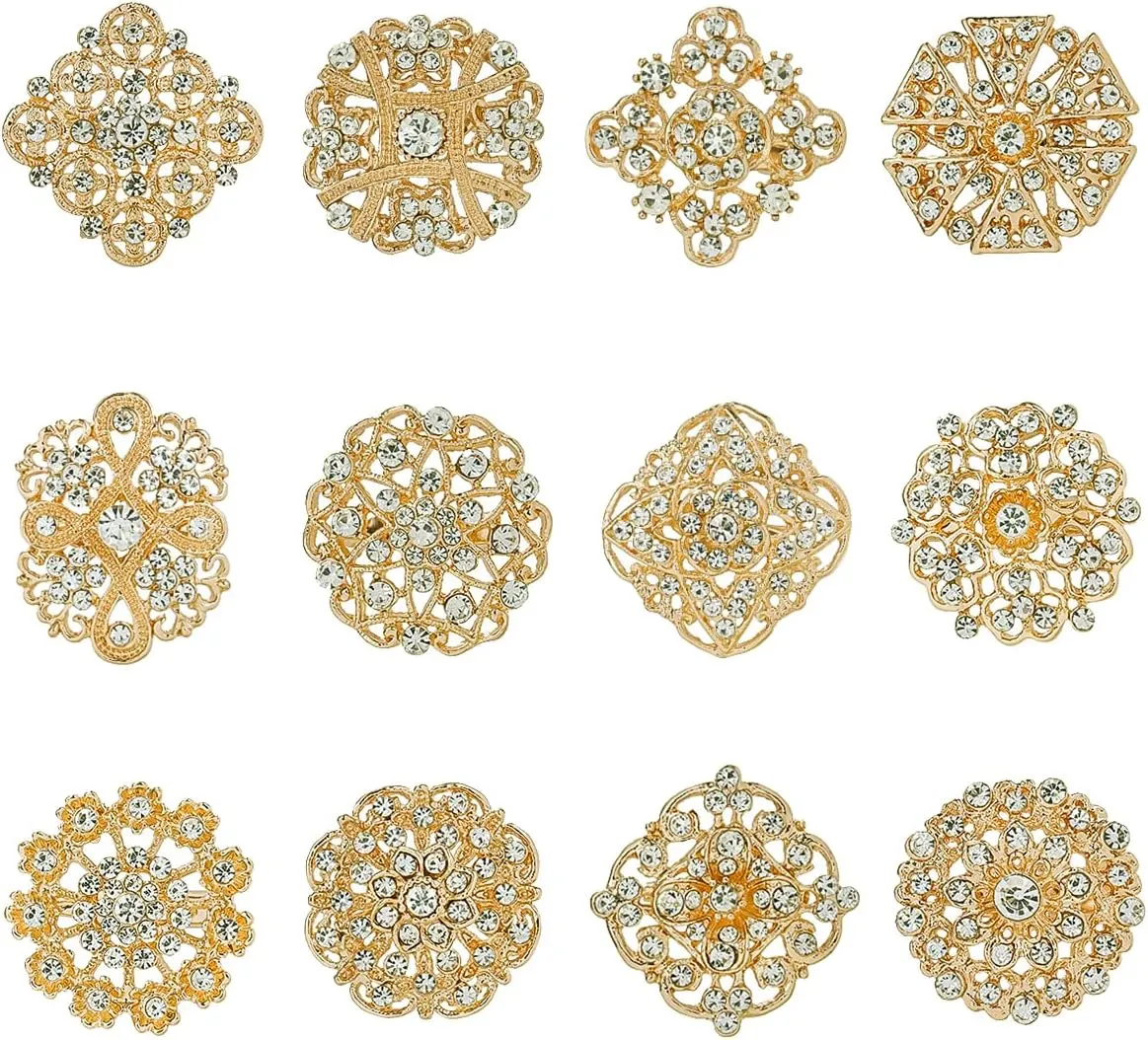 WeimanJewelry Silver/Gold Plated 12pcs Crystal Rhinestones Flower Brooch Pins DIY Wedding Bouquets Kit