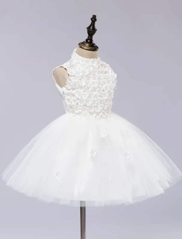 White Toddler'S Pageant Tutu Dress With Lace Flower Appliques