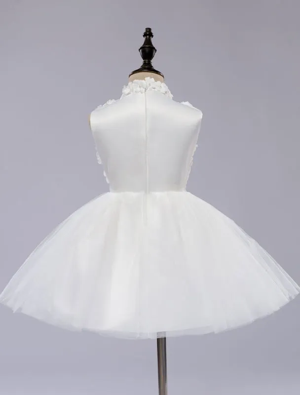 White Toddler'S Pageant Tutu Dress With Lace Flower Appliques