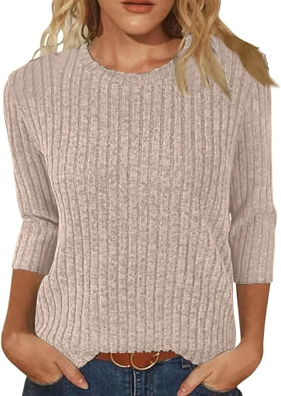 Winter 3/4 Length Sleeve T Shirts Loose Fit Ribbed Knit Cozy Sweaters Plus Size Sweatshirts