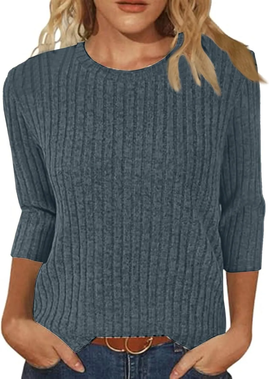 Winter 3/4 Length Sleeve T Shirts Loose Fit Ribbed Knit Cozy Sweaters Plus Size Sweatshirts
