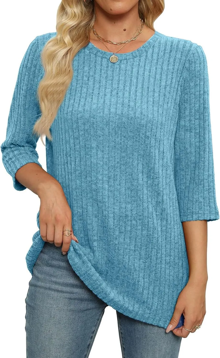 Winter 3/4 Length Sleeve T Shirts Loose Fit Ribbed Knit Cozy Sweaters Plus Size Sweatshirts